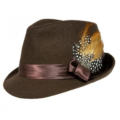 Fedora Hat – 12 PCS Wool-felt w/ Satin Ribbon Bow & Feather - Brown - HT-AHA51777BR